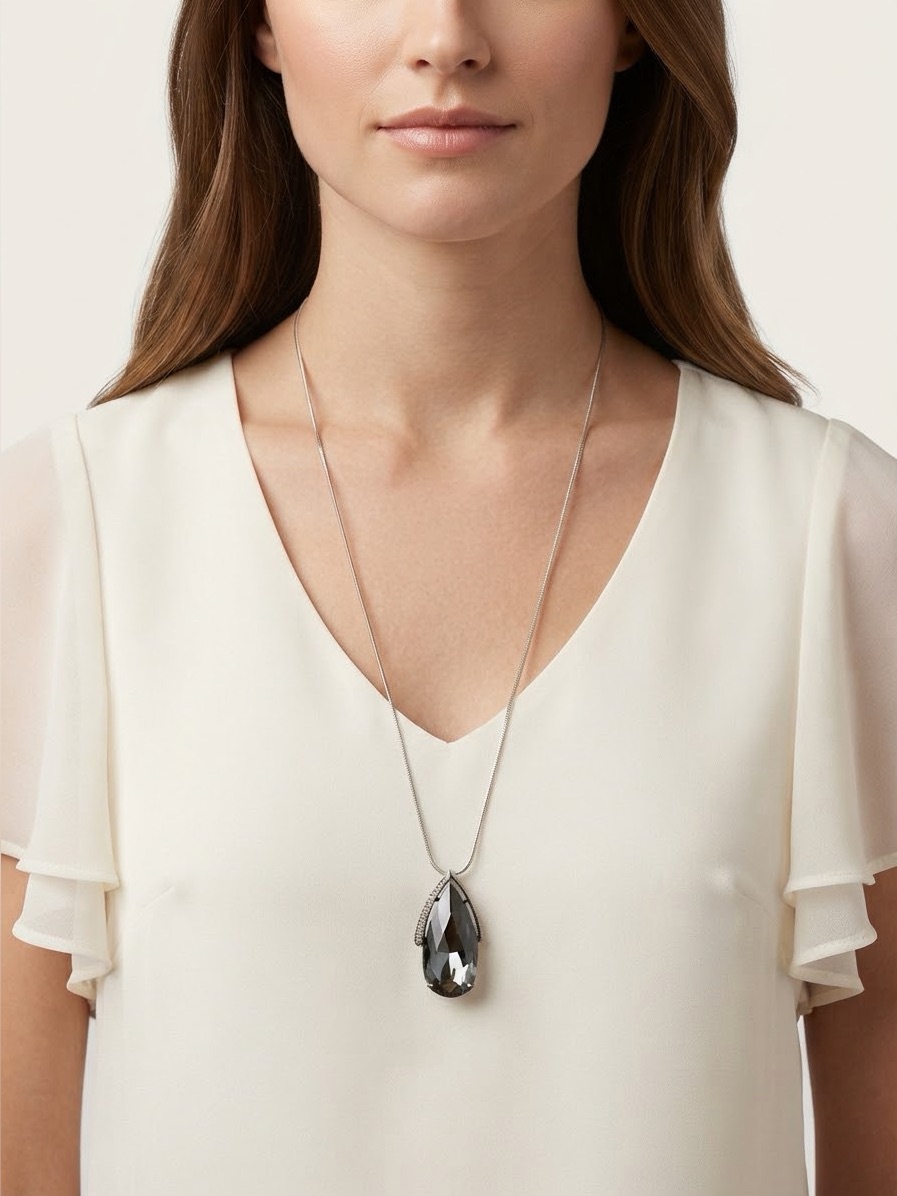 Smoky Teardrop Pendant Necklace | Snake Chain Hematite Frame